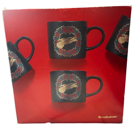 BROOKSTONE SET 4 DARK GREEN CHRISTMAS HOLIDAY CERAMIC COFFEE, COCOA MUGS. Vtg - Picture 8 of 9